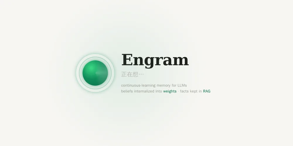 Engram title card: continuous-learning memory for LLMs, beliefs in weights, facts in RAG.