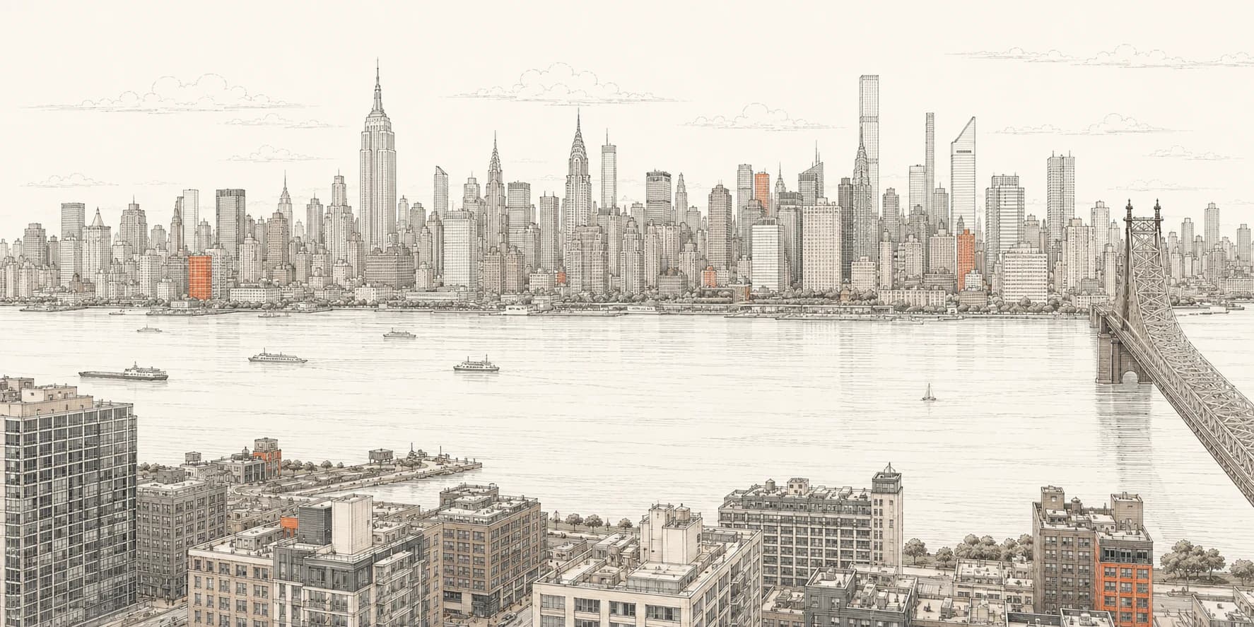 PiPlan landing cover: an ink-drawn city skyline with vermilion accents.