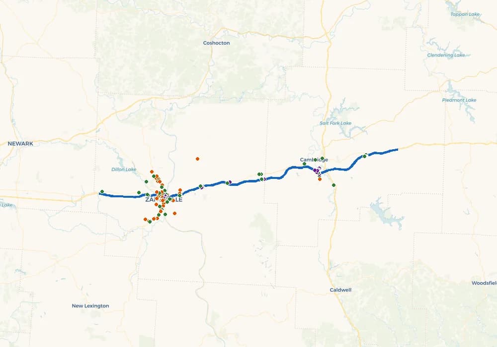 Route map across eastern Ohio showing the planned path and its waypoints.