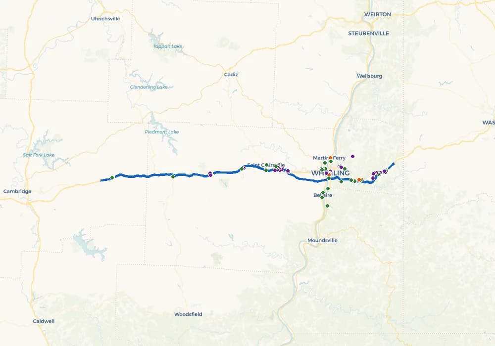 Detailed route map near Wheeling showing sequential waypoints along the planned path.