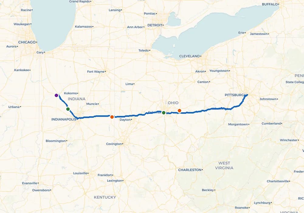 Route map spanning Chicago to Pittsburgh with waypoints marked along one continuous path.